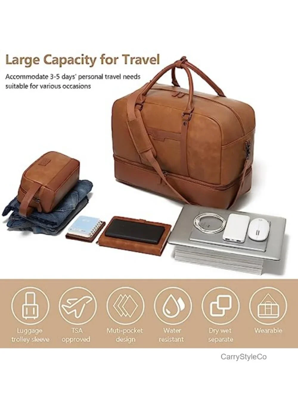Waterproof Faux Leather 4-in-1 Overnight Travel Duffel Bag with Shoe Compartment